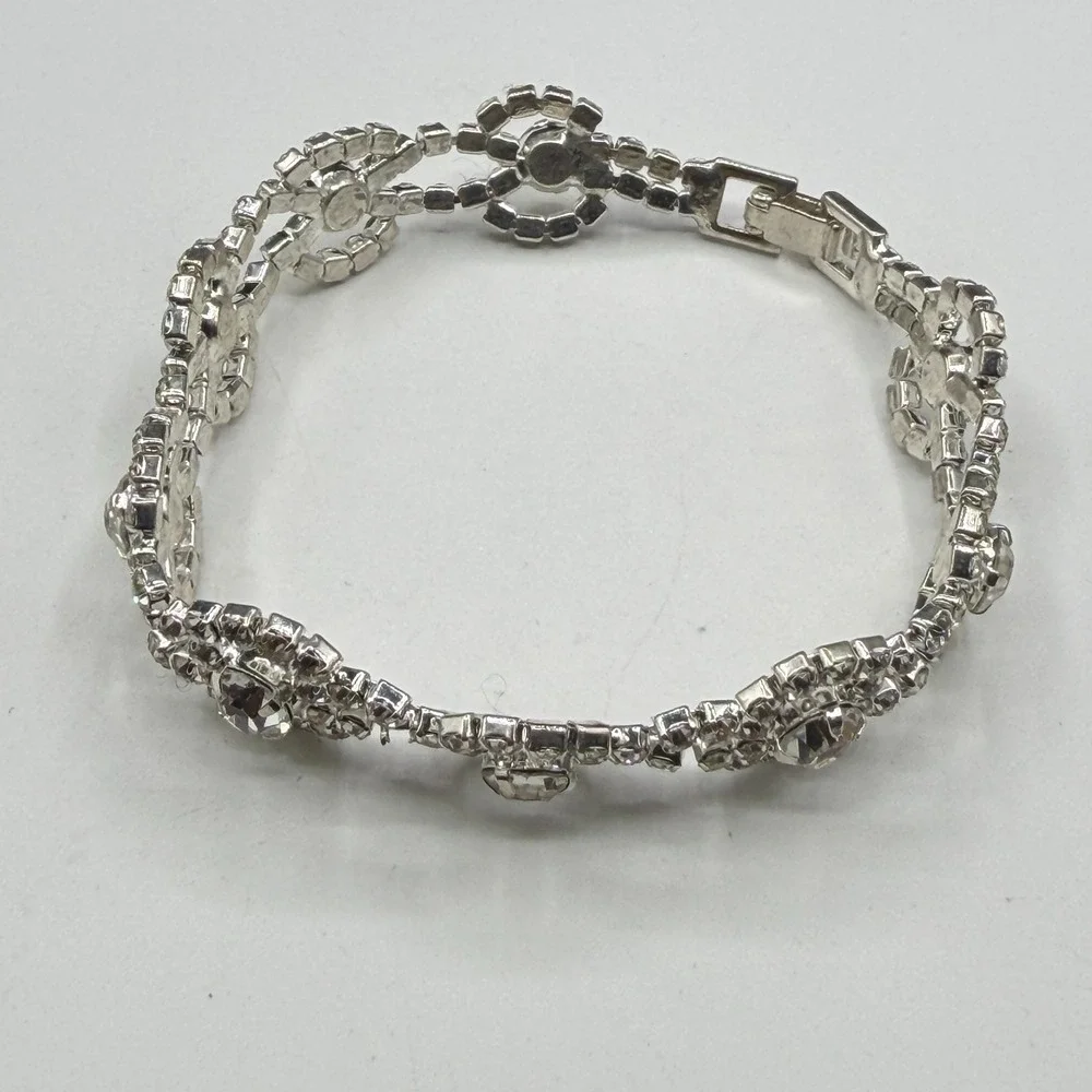 Clear Rhinestone Silver Tone Floral Link Bracelet Bridal Statement Jewelry Gift